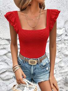 SHEIN VCAY Women's Solid Color Hollow Out Embroidery Peplum Hem T-Shirt - Red - View 3