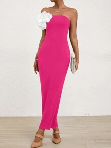 SHEIN Privé Women's Strapless Bodycon Dress With 3d Flower Decoration - Hot Pink - View 5