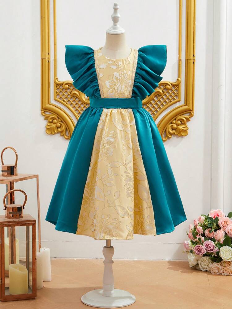 Tween Girls' Woven Dress With Floral Jacquard And Color Block Design, Cap Sleeve And Gathered Waistline