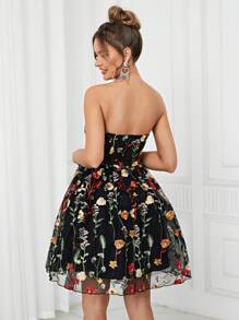 SHEIN Belle Elegant Women's Black Multi-Color Strap Top See-Through Romantic Mesh Embroidery 3D Floral A-Pend Fluffy Country Music Festival Easter Summer Vacation Wedding Event Bachelor Party Date Graduation Party Date Cocktail Party Dress Prom Semi Formal Wedding Guest Dress, For Birthday, Homecoming - Black - View 2