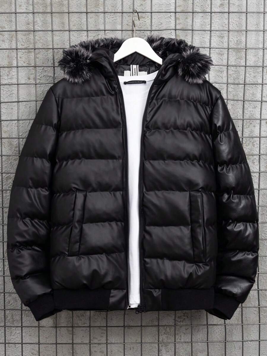 EURMUSE Men's Hooded Padded Jacket With Fur Collar - Black - View 1