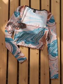 SHEIN EZwear Mesh Marble Print Top - Orange - View 4