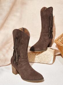 Women's Mid-Calf Tassel Brown Boots With Heel - Brown - View 1
