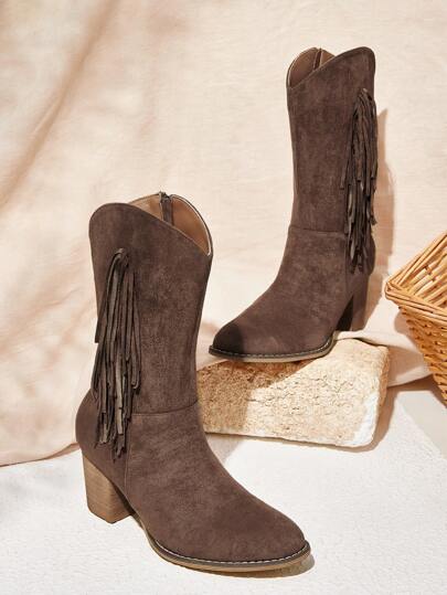Women's Mid-Calf Tassel Brown Boots With Heel
