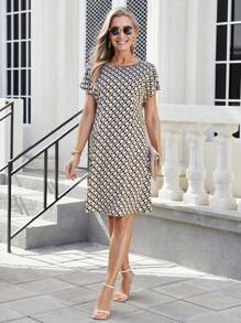 Miaspire Women's Geometric Print Crew Neck Short Sleeve Casual Dress, Summer