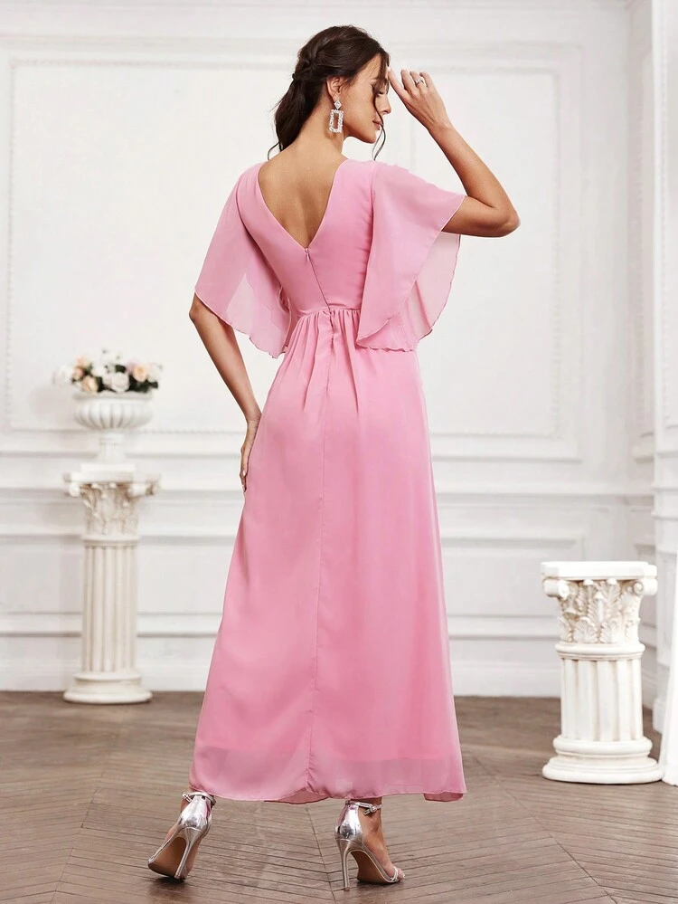 Bridesmaid Dress With Sequin Patchwork, Flounce Sleeves And Slit Hemline