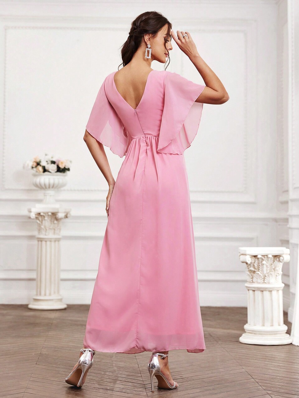 Bridesmaid Dress With Sequin Patchwork, Flounce Sleeves And Slit Hemline