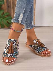 女款流蘇裝飾平底涼鞋,適合海灘和水中穿著,防滑且時尚 - 彩色 - 查看 4