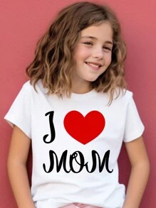 SHEIN Camiseta Casual De Manga Corta Con Cuello Redondo, Impresa Con Corazones Y Letras De Amor, Adecuada Para Niñas Adolescentes En Verano