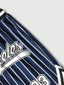 ROMWE MEN Prep Men Building & Letter Graphic Drawstring Waist Mesh Basketball Shorts, School - Navy Blue - View 7