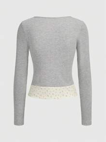 ROMWE Y2K 甜美学院风拼布花卉二合一女式 T 恤，学校 - 灰色 - 查看 2