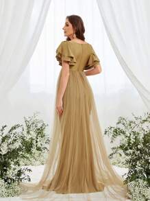 Faeriesty Dressalisa Maternity Layered Ruffle Sleeve Contrast Mesh Formal Gown - Khaki - View 2