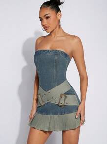 Denimoi Robe En Denim Sans Bretelles À Blocs De Couleurs Avec Ourlet Plissé - Jean brut - Voir 4