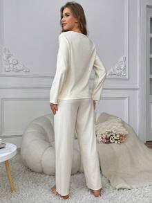 Solid Color Button Front Textured Top And Straight Pants Lounge Wear Set - Apricot - View 2