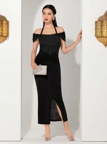 Modelyn 花卉提花挂脖扭花开叉连衣裙长款晚礼服 - 黑色 - 查看 4