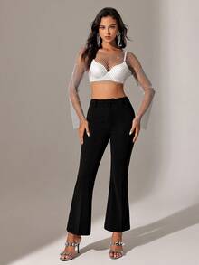 SHEIN Unity 女士短款長袖上衣,鑲有鑽石裝飾 - 銀色 - 查看 7