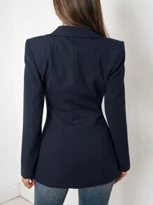 EURMUSE Ladies' Double-Breasted Long Sleeve Suit Jacket - Navy Blue - View 2