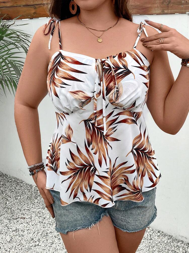 Plus Size Plant Printed Tie Shoulder Cami Top