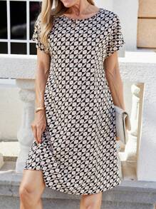 Miaspire Women's Geometric Print Crew Neck Short Sleeve Casual Dress, Summer