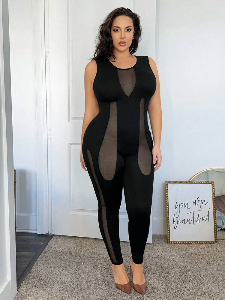 Plus Size Slim Fit Mesh Contrast Jumpsuit
