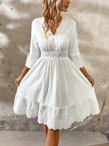 SHEIN LUNE Patchwork Hollow Out Embroidery V-Neckline Dress With Ruffled Hemline And Waist Cinched Design