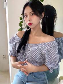 DAZY Camisa corta de mujer con hombros descubiertos, mangas cortas, cordón de ajuste y volantes de cuadros - Azul - Ver 4