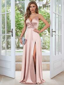 MUXXN Đầm dạ hội cổ chữ V xẻ cao đến đùi kiểu thập niên 1950, thích hợp cho tiệc tùng, đám cưới hoặc các dịp trang trọng khác. - Màu Hồng baby - Xem 4