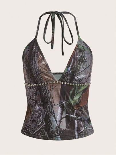 Goth Leaf Print Halter Top, School