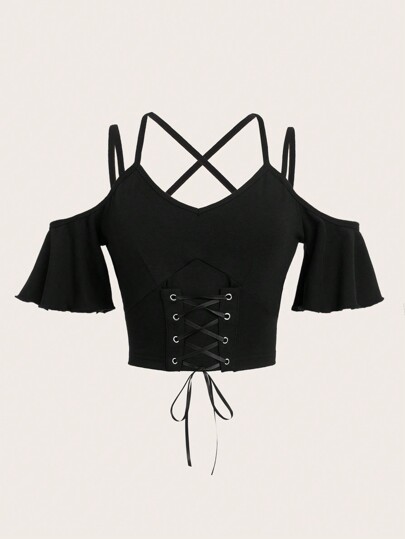 Goth Top mit Band vorne, schulterfrei