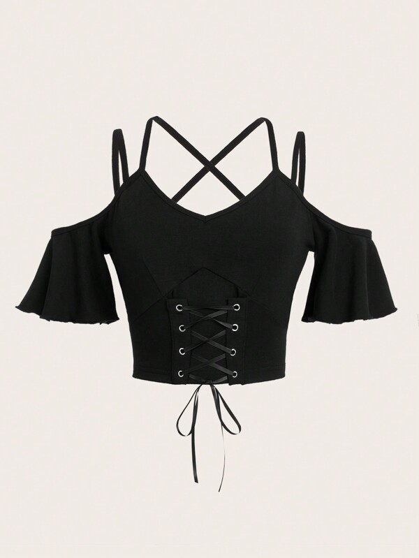 ROMWE Goth 前繫帶挖肩上衣