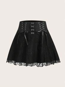 ROMWE Goth Lace Up Contrast Lace Skirt - Black - View 1