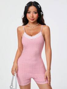 SHEIN Qutie Lace & Hollow Out & Embroidery Patchwork Spaghetti Strap Bodycon Romper - Pink - View 4