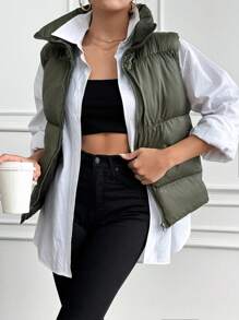 EURMUSE Solid Color Stand Collar Sleeveless Jacket Winter Vest - Khaki - View 3