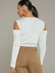 Hauture Detachable Sleeve Button Ribbed Top - White - View 2