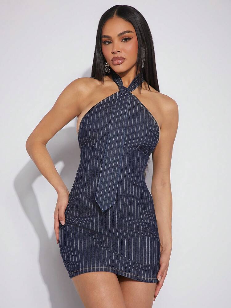 Striped Halter Neck Bodycon Dress With Shoulder Bag Design