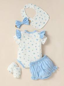 SHEIN Baby Girl Romper Set, Including Headband, Bib And Gloves