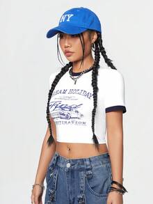 SHEIN Coolane Viền tương phản In chữ cái và ô tô Áo thun - trắng - Xem 5