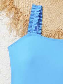 SHEIN Sparklyn 青少女純色單片式泳衣和熱帶印花遮陽裙