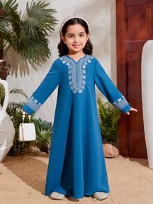 SHEIN Young Girl Patchwork Lace Straight Dress - Blue - View 6