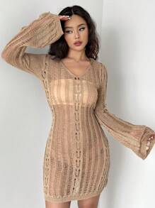 Flirla Vestido Suéter Tejido Transparente Con Hueco, Monocromático Para Mujer