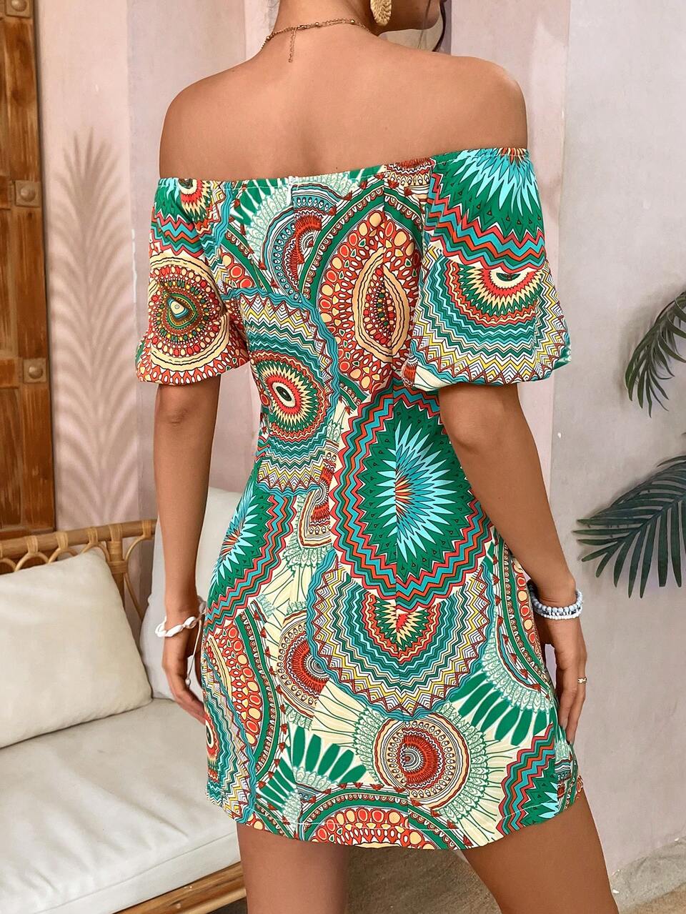 Women's Mandala Print Off Shoulder Dress