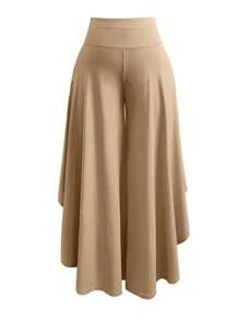 Breezaya 大尺碼女士純色不對稱下擺寬褲 - 卡其色 - 查看 3