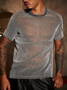 Manfinity VCAY 男士針織休閒閃爍修身短袖t恤 - 灰色 - 查看 1