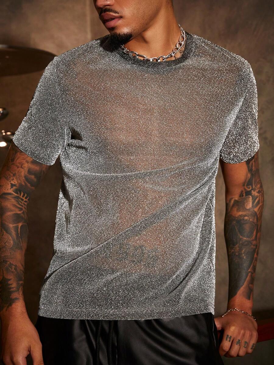 Manfinity VCAY 男士針織休閒閃爍修身短袖t恤 - 灰色 - 查看 1