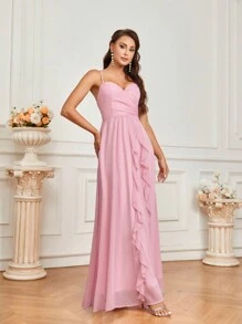 SHEIN Belle Elegant Spaghetti Strap Chiffon Ruffle Trim A-Line Bridesmaid Dress With Ruffle Trim - Pink - View 6