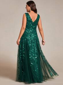 Vestido formal con cuello en V profundo, contraste de color con lentejuelas y malla - Verde Oscuro - Ver 3
