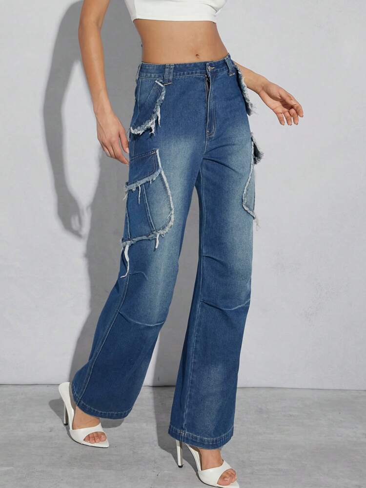 Frayed Cargo Pocket Wide Leg Casual Jeans
