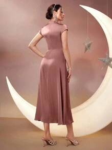 Modelyn 女式v領阿拉伯風格褶皺長裙 - 粉色 - 查看 2