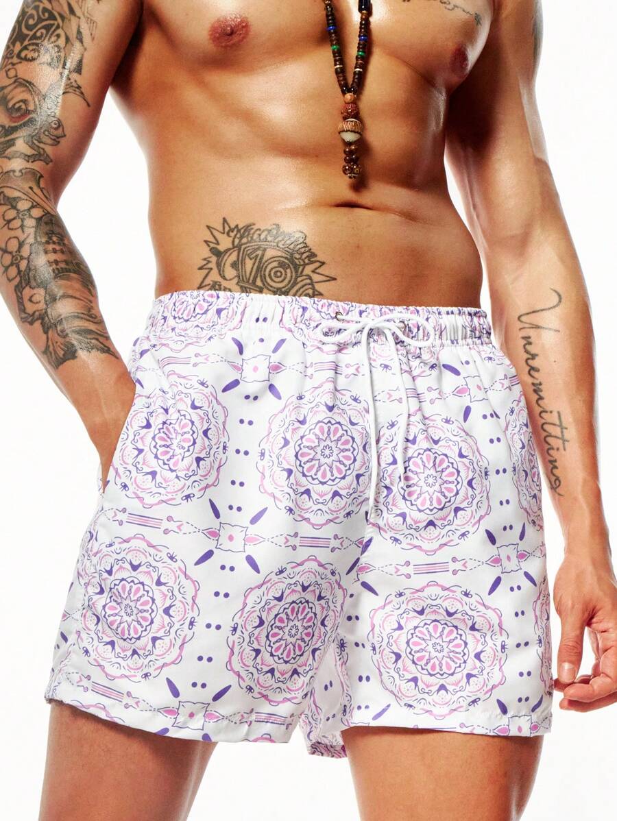 Surfspeed Men's Full-Print Drawstring Waist Beach Shorts - Mauve Purple - View 1