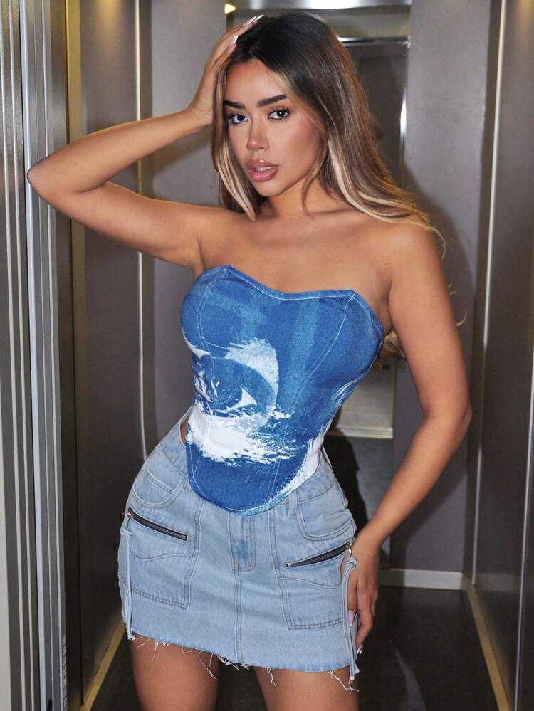 Stretchy Street Style Sexy Cropped Denim Bustier Top, Blue